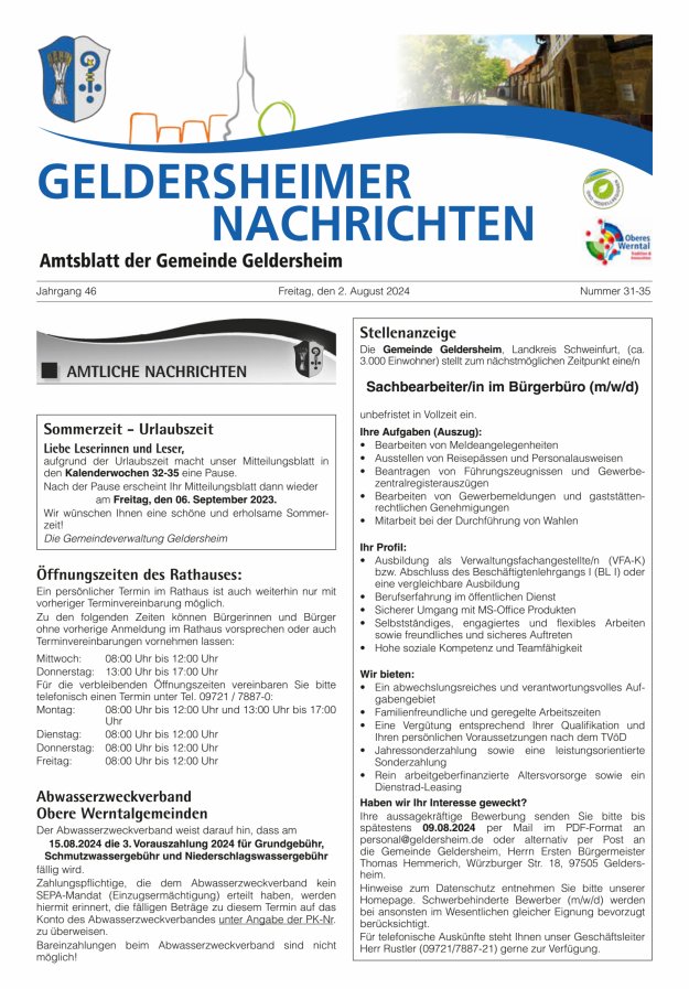 Geldersheimer Nachrichten Amtsblatt der Gemeinde Geldersheim Titelblatt 31/2024