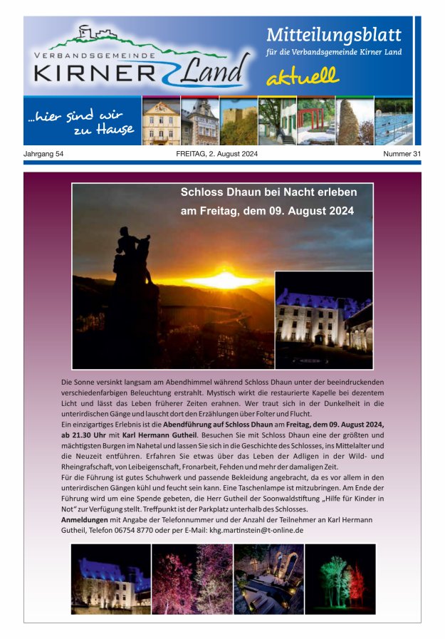 Mitteilungsblatt für den Bereich der Verbandsgemeinde Kirner Land Titelblatt 31/2024
