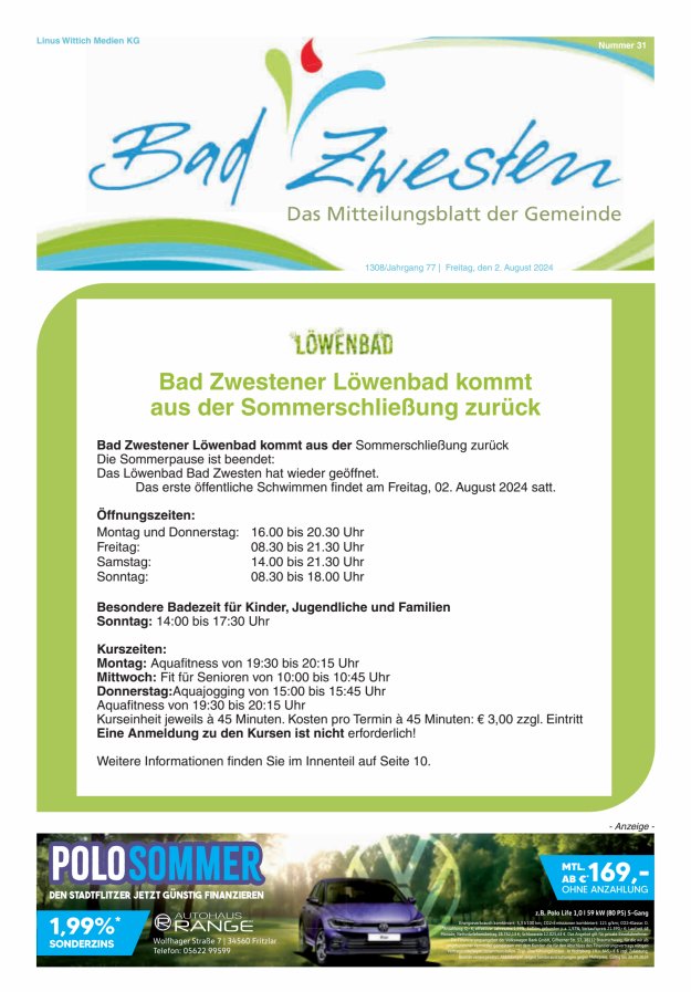 Heimatzeitung Bad Zwesten Titelblatt 31/2024