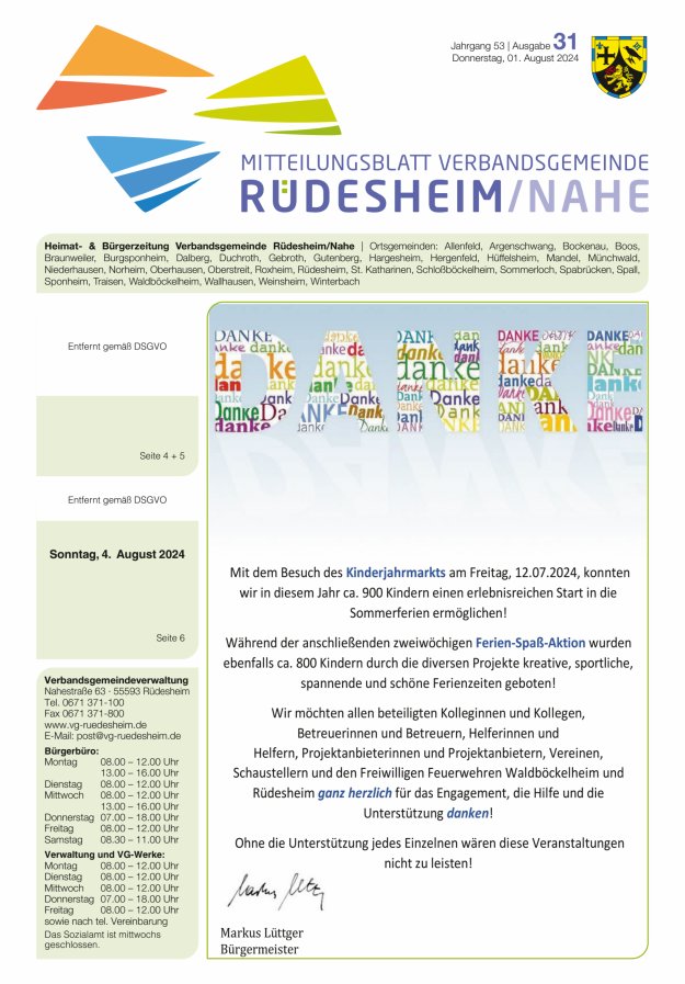 Mitteilungsblatt Verbandsgemeinde Rüdesheim und zugehörige Ortsgemeinden Titelblatt 31/2024