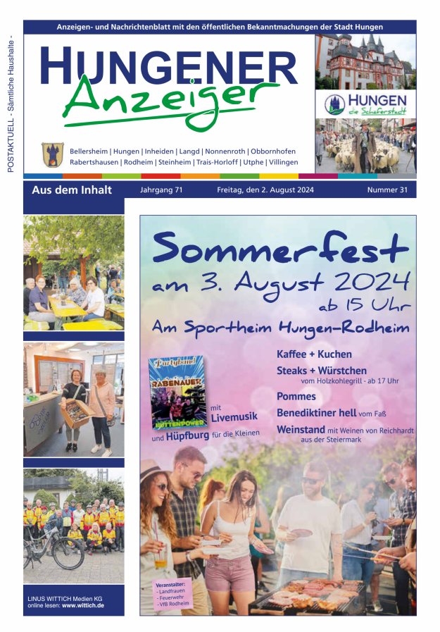 Anzeigen- und Nachrichtenblatt mit den öff  Bekanntmachungen der Stadt Hungen Titelblatt 31/2024