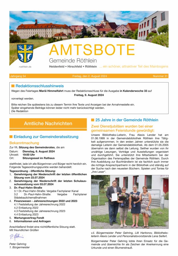 Amtsbote der Großgemeinde Röthlein Titelblatt 31/2024