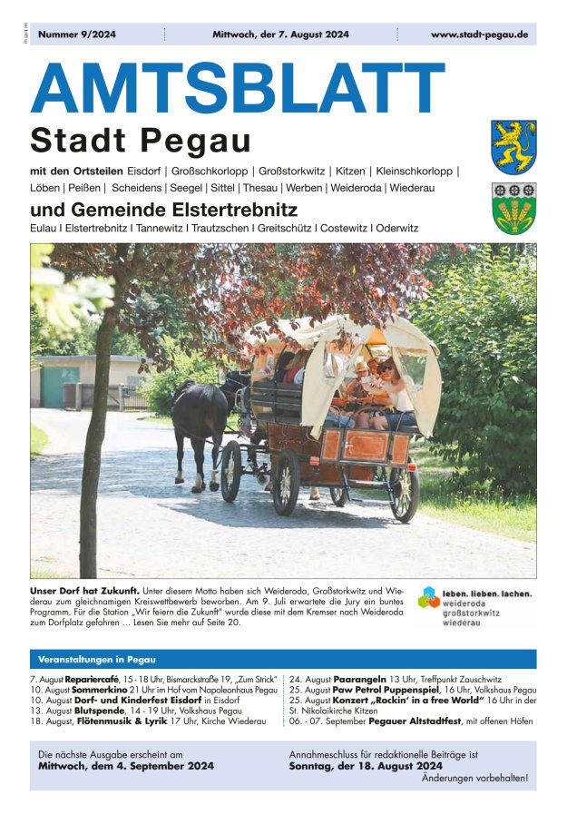 Amtsblatt Stadt Pegau und Gemeinde Elstertrebnitz  Titelblatt 09/2024
