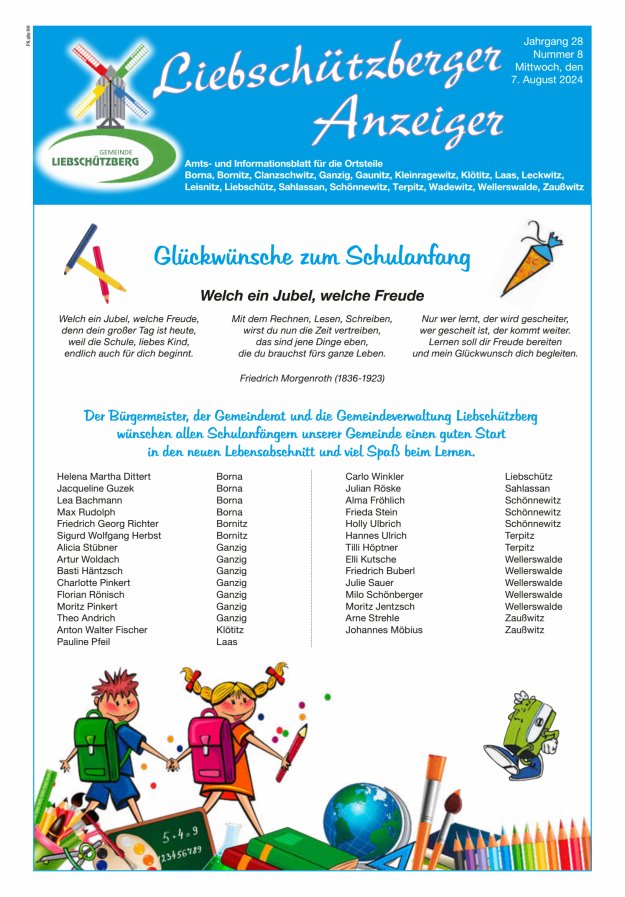 Liebschützberger Anzeiger - Amts- und Informationsblatt Titelblatt 08/2024