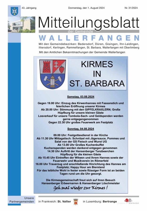 Mitteilungsblatt Gemeinde Wallerfangen Titelblatt 31/2024