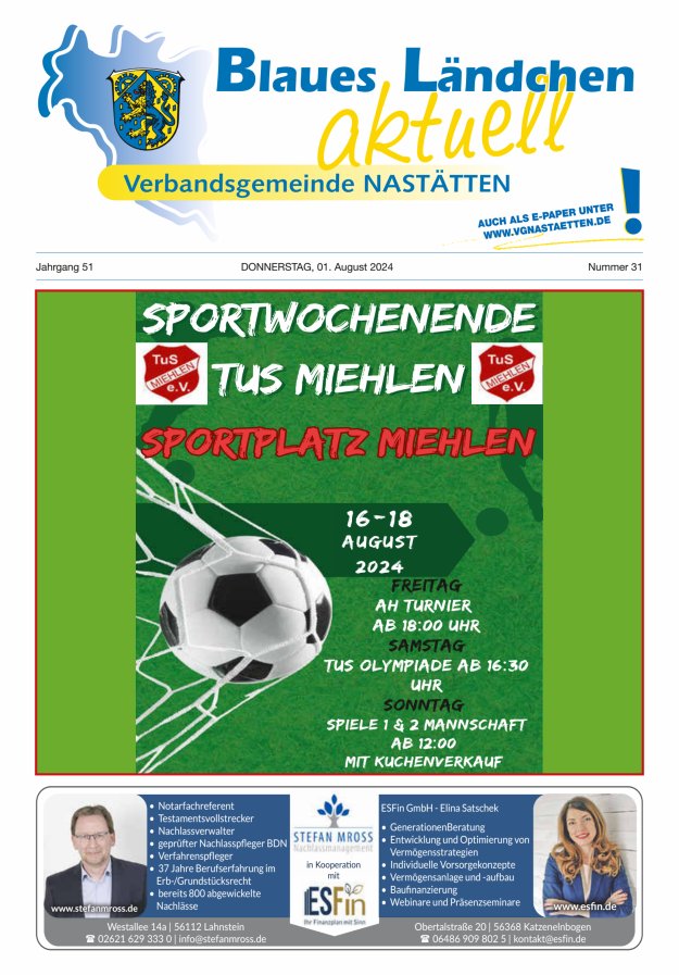 Blaues Ländchen aktuell - Heimat- u Bürgerzeitung VG Nastätten Titelblatt 31/2024