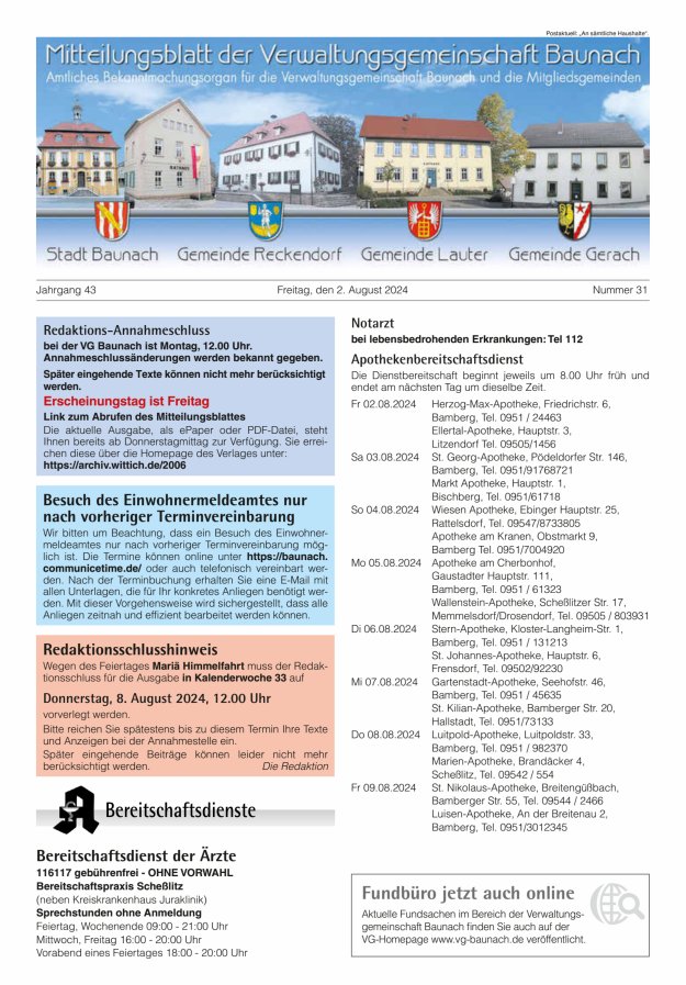 Mitteilungsblatt Verwaltungsgemeinschaft Baunach Titelblatt 31/2024