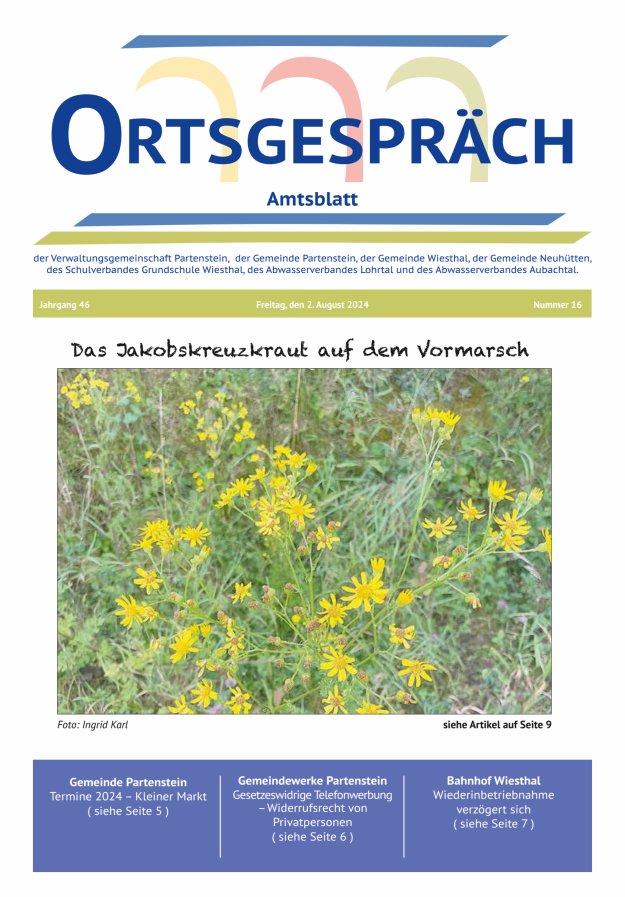 Ortsgespräch - Amtsblatt der VG Partenstein und ihrer Körperschaften Titelblatt 16/2024