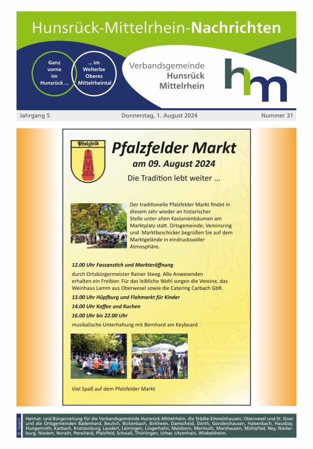 Hunsrück-Mittelrhein Nachrichten Ausgabe St Goar Oberwesel Titelblatt 31/2024