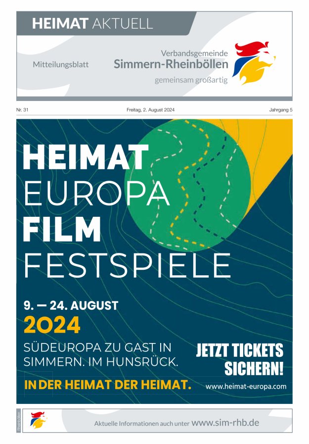 Heimat Aktuell - Mitteilungsbl der VG Simmern-Rheinböllen Ausg Simmern Titelblatt 31/2024