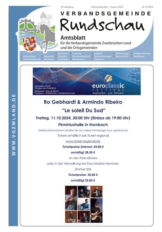 Verbandsgemeinde Rundschau Zweibrücken-Land Titelblatt 31/2024