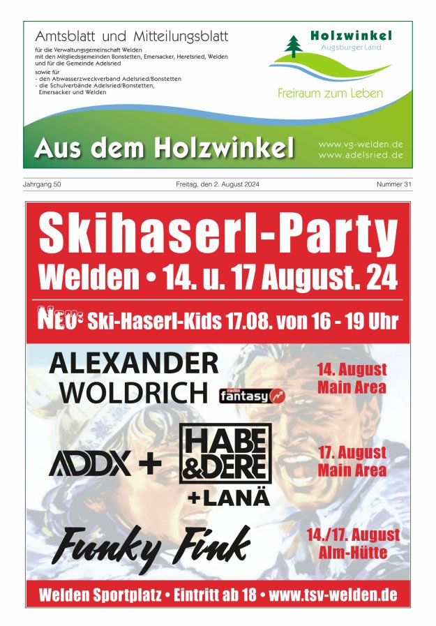 Aus dem Holzwinkel Amtsblatt u Mitteilungsblatt f VG Welden u GemAdelsried Titelblatt 31/2024
