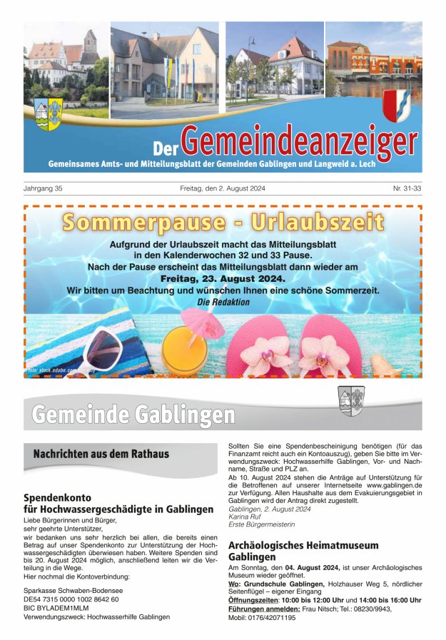 Der Gemeindeanzeiger - Gablingen Langweid Titelblatt 31/2024