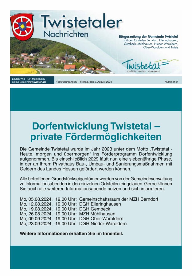 Twistetaler Nachrichten Titelblatt 31/2024