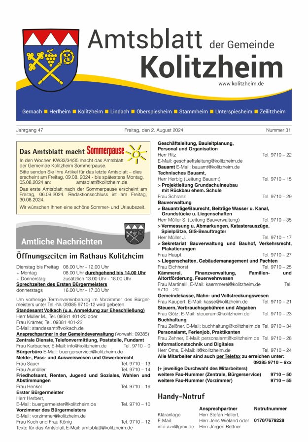 Amtsblatt der Gemeinde Kolitzheim Titelblatt 31/2024