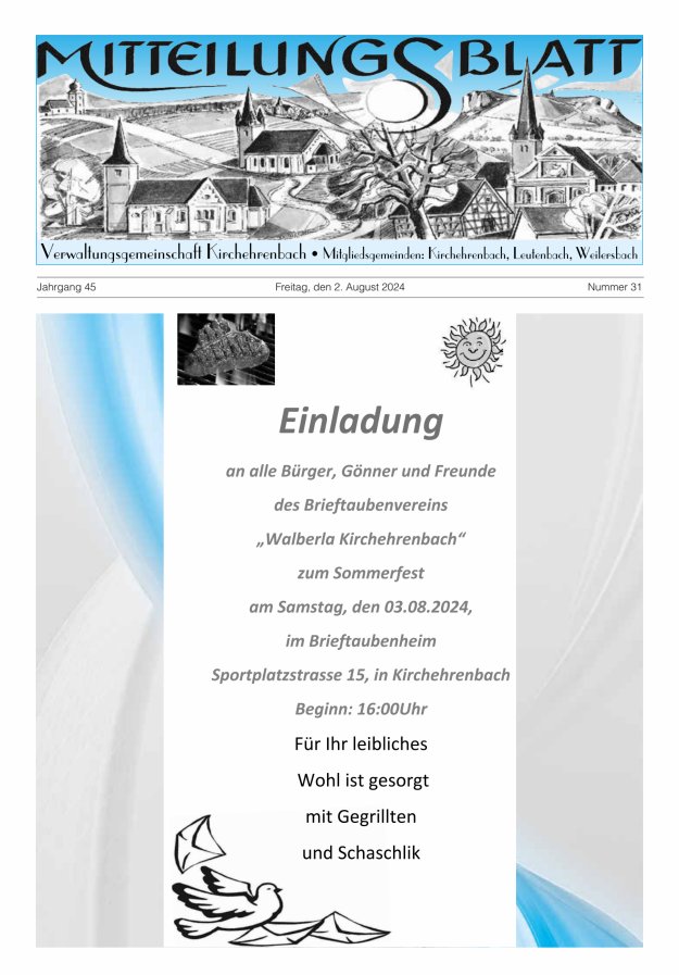 Mitteilungsblatt Verwaltungsgemeinschaft Kirchehrenbach Titelblatt 31/2024