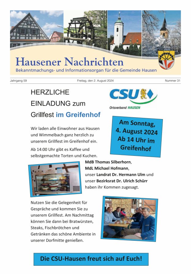 Hausener Nachrichten Titelblatt 31/2024