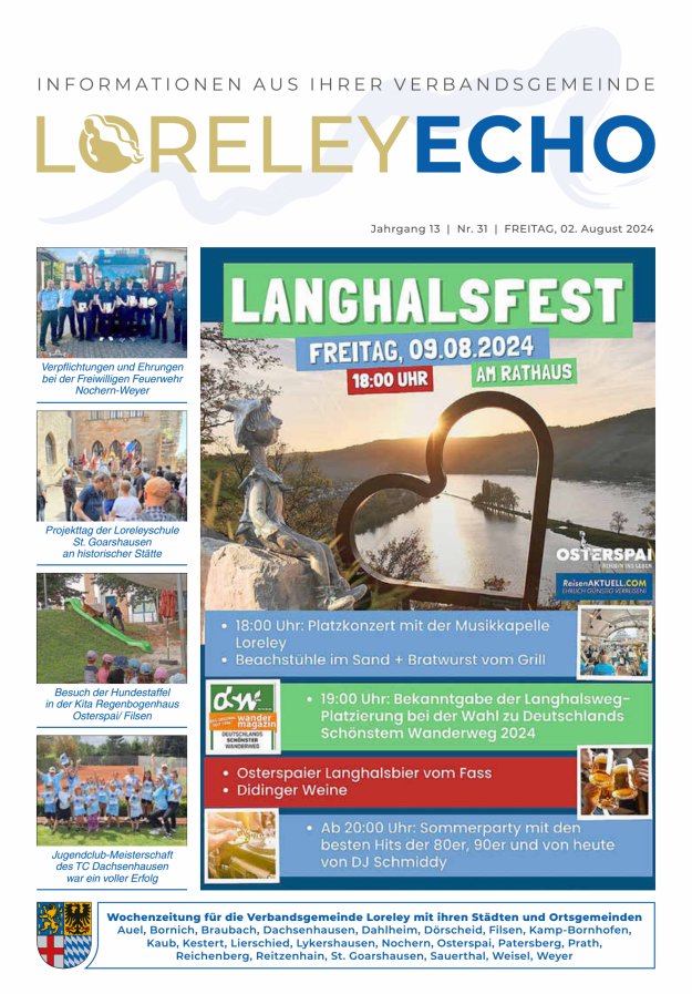 Loreley-Echo - Mitteilungsblatt der Verbandsgemeinde Loreley Titelblatt 31/2024