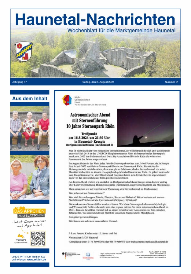 Haunetal-Nachrichten Titelblatt 31/2024