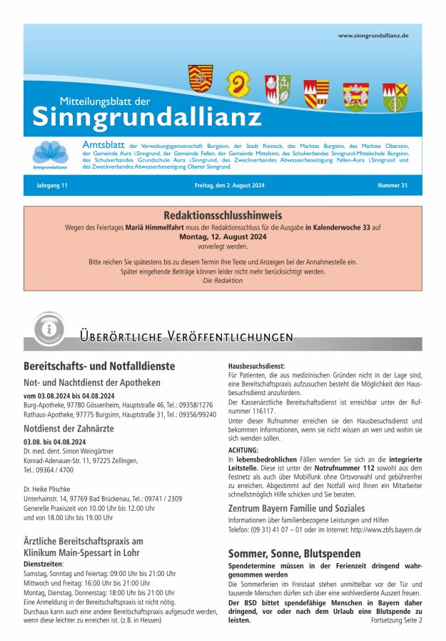 Mitteilungsblatt der Sinngrundallianz Titelblatt 31/2024
