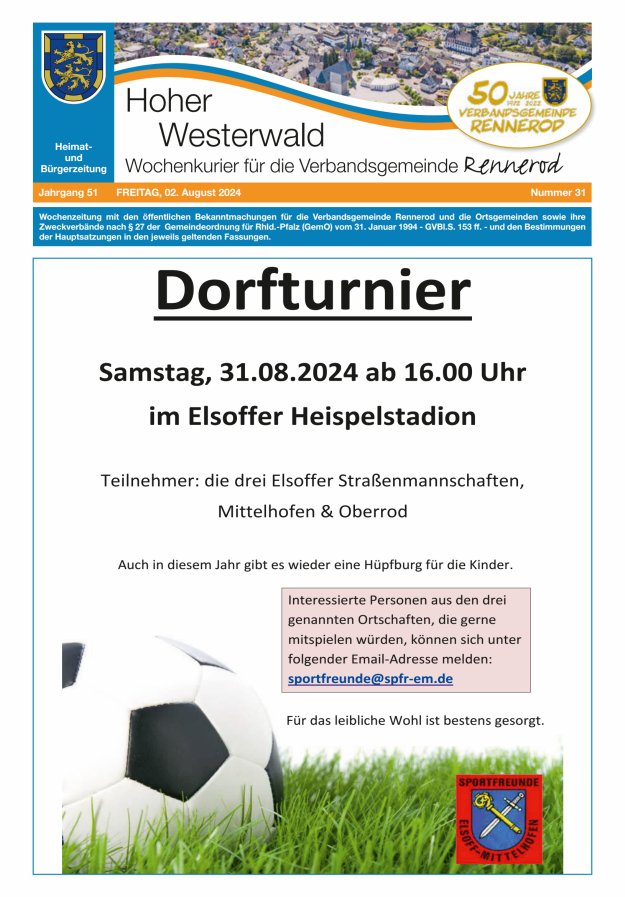Hoher Westerwald - Wochenkurier für die Verbandsgemeinde Rennerod Titelblatt 31/2024