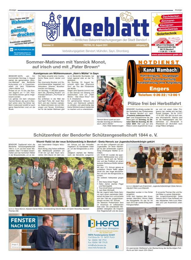 Kleeblatt - Amtliches Bekanntmachungsorgan der Stadt Bendorf Titelblatt 31/2024