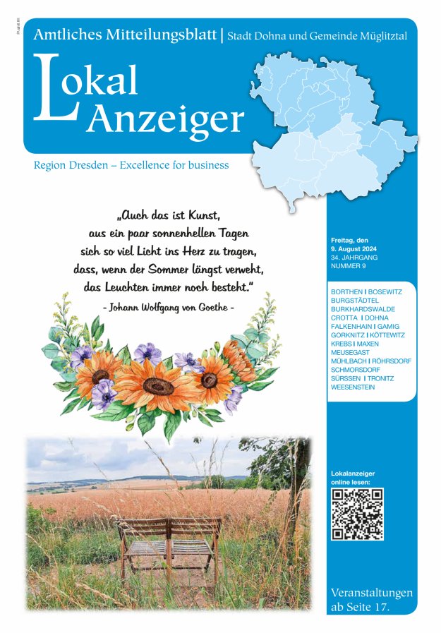 Lokal-Anzeiger – Amtliches Mitteilungsblatt Stadt Dohna und Gemeinde Müglitztal Titelblatt 09/2024