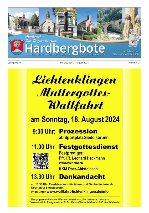 Hardbergbote - Mitteilungsblatt der Gemeinde Abtsteinach Titelblatt 31/2024