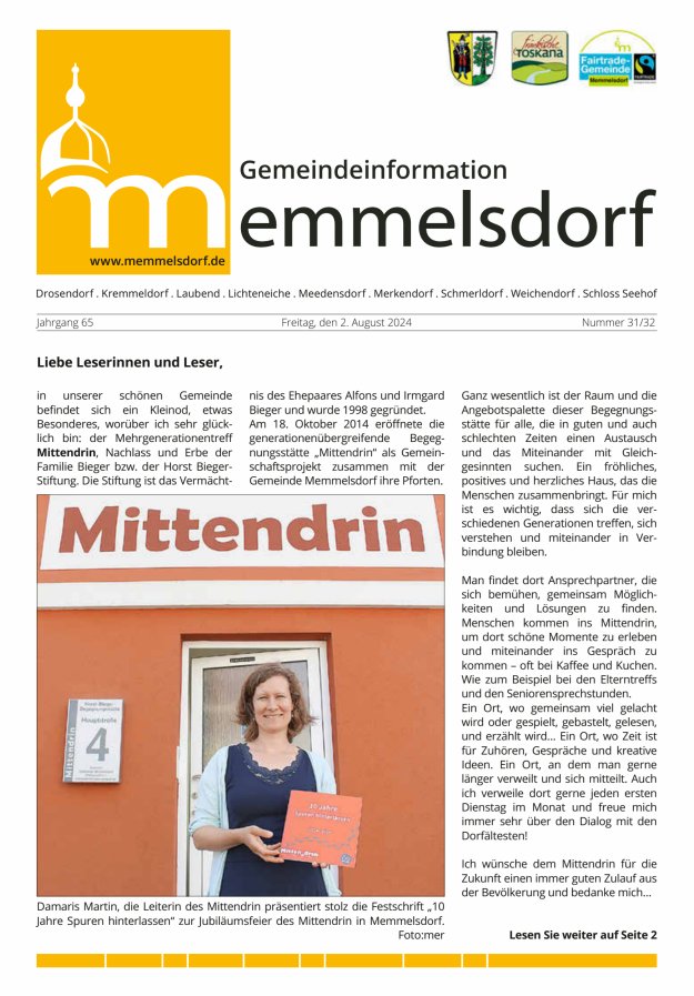 Mitteilungsblatt der Gemeinde Memmelsdorf Titelblatt 31/2024