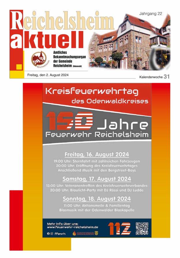 Reichelsheim aktuell - Amtsblatt der Gemeinde Reichelsheim(Odenwald) Titelblatt 31/2024