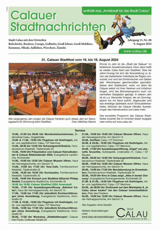 Calauer Stadtnachrichten  Titelblatt 08/2024