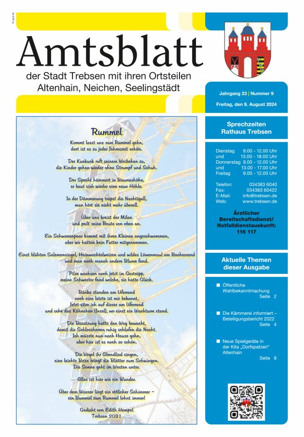 Stadtjournal der Stadt Trebsen mit ihren Ortsteilen Titelblatt 09/2024