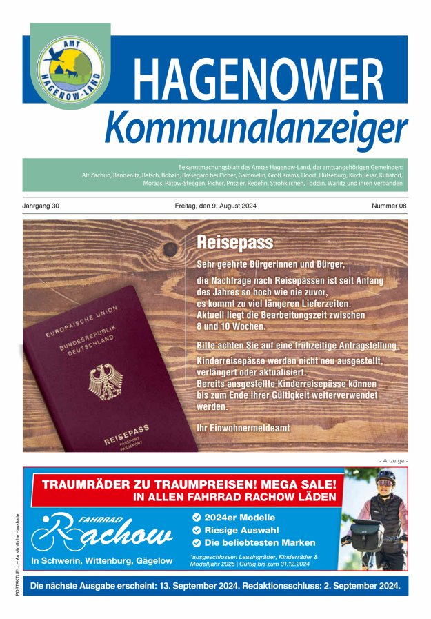 Hagenower Kommunalanzeiger Titelblatt 08/2024