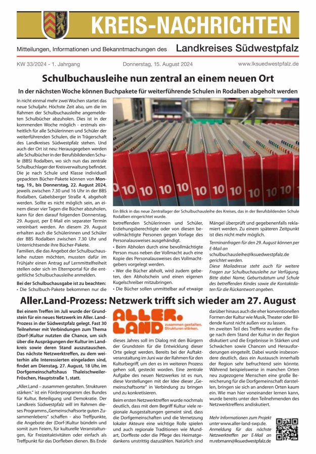 Kreis-Nachrichten - Mitteilungen des Landkreises Südwestpfalz Titelblatt 33/2024