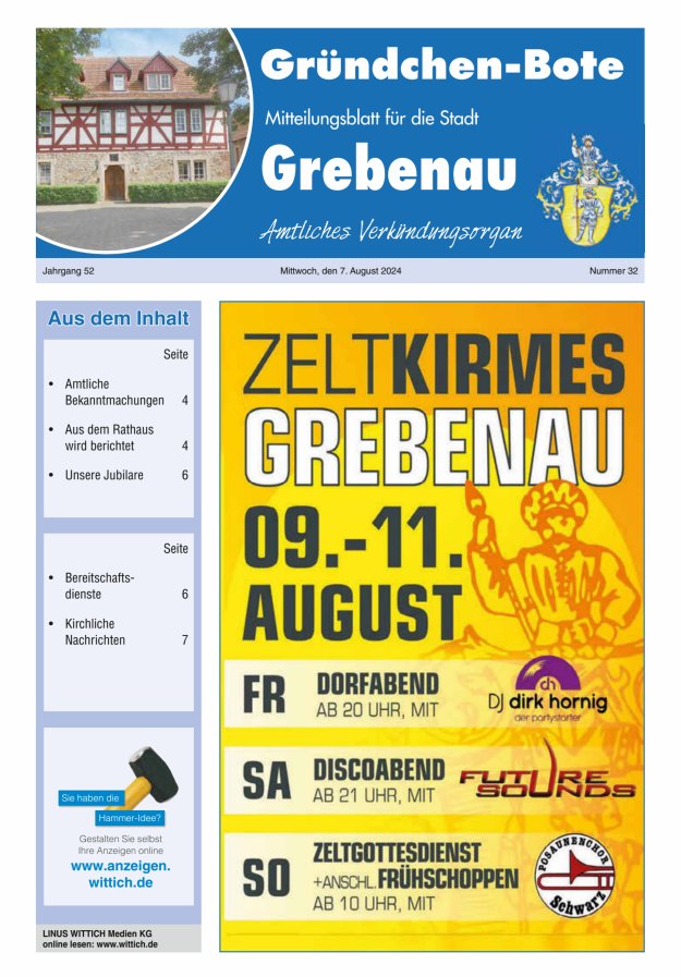 Grebenau - Gründchen Bote - Mitteilungsblatt für die Stadt Grebenau Titelblatt 32/2024