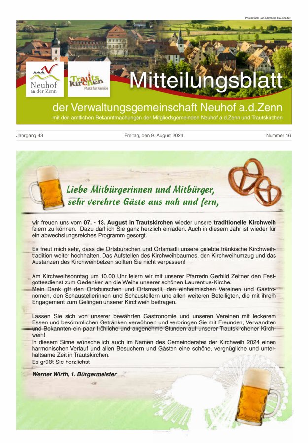 Mitteilungsblatt der Verwaltungsgemeinschaft Neuhof an der Zenn mit den amtlichen Bekanntmachungen der Mitgliedsgemeinden Neuhof an der Zenn und Trautskirchen Titelblatt 16/2024