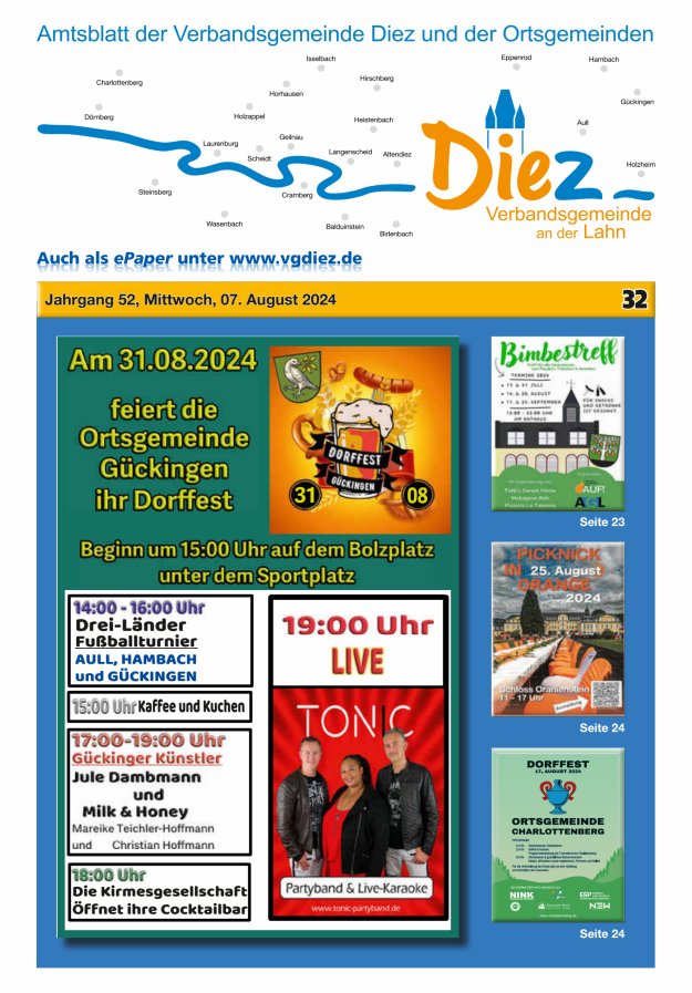 Mitteilungsblatt der Verbandsgemeinde Diez und der Ortsgemeinden Titelblatt 32/2024