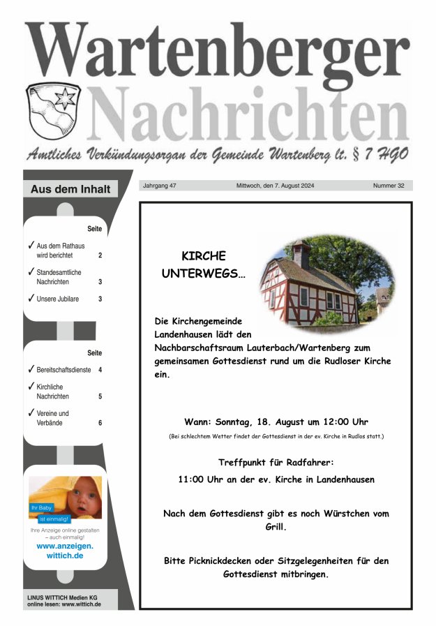 Wartenberger Nachrichten Titelblatt 32/2024