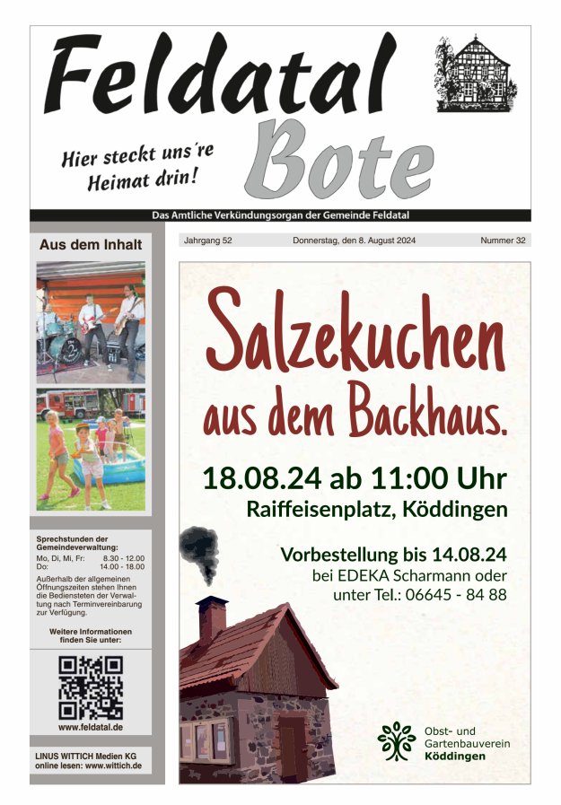 Das Amtliche Verkündungsorgan der Gemeinde Feldatal Titelblatt 32/2024