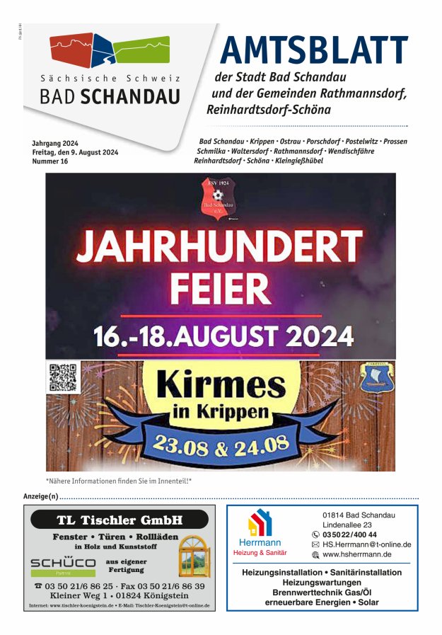 Amtsblatt der Stadt Bad Schandau und der Gemeinden Titelblatt 16/2024