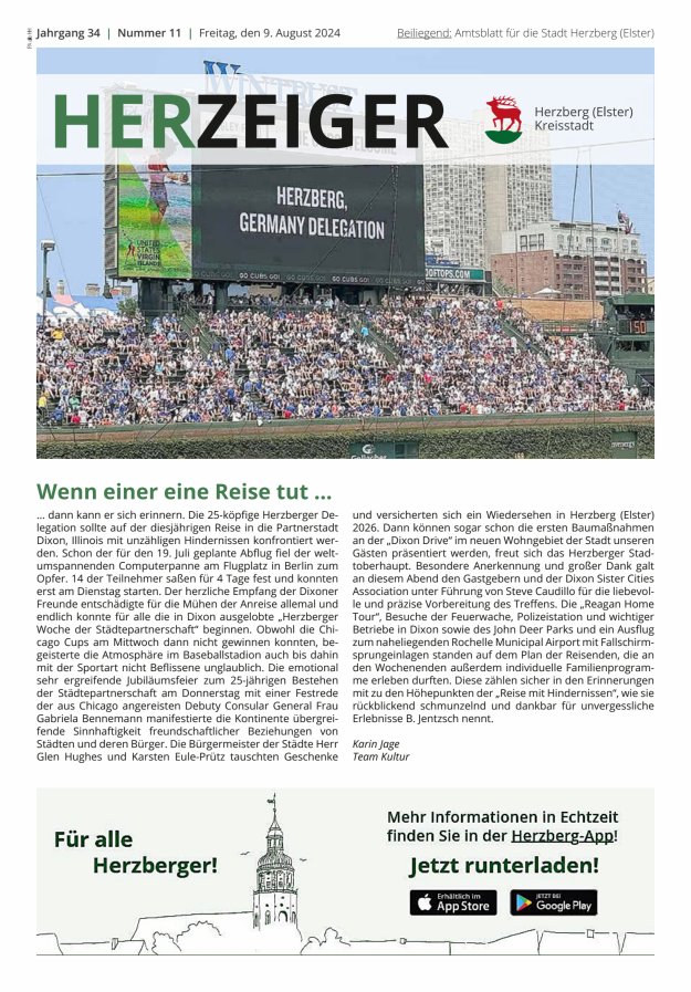 Amtsblatt für die Stadt Herzberg (Elster) mit Bekanntmachungen der Stadt  Titelblatt 11/2024