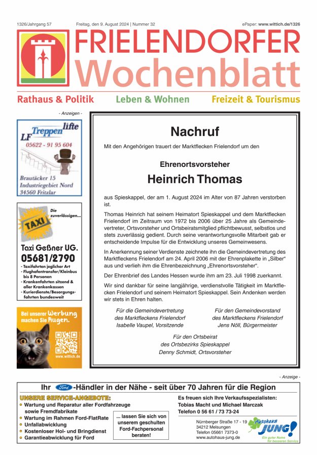 Frielendorfer Wochenblatt Titelblatt 32/2024