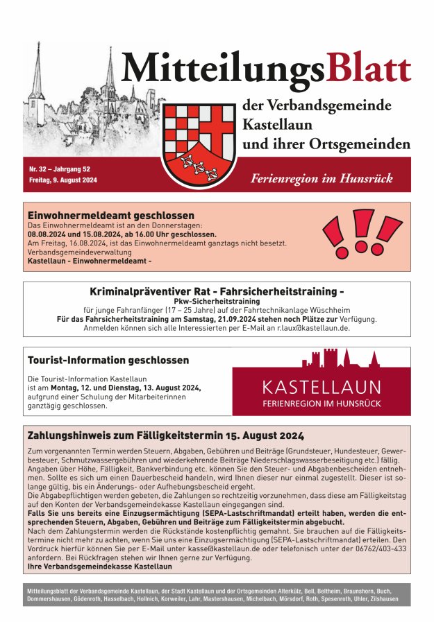 Mitteilungsblatt Kastellaun Titelblatt 32/2024