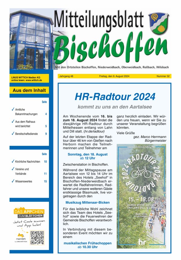 Mitteilungsblatt für die Gemeinde Bischoffen Titelblatt 32/2024