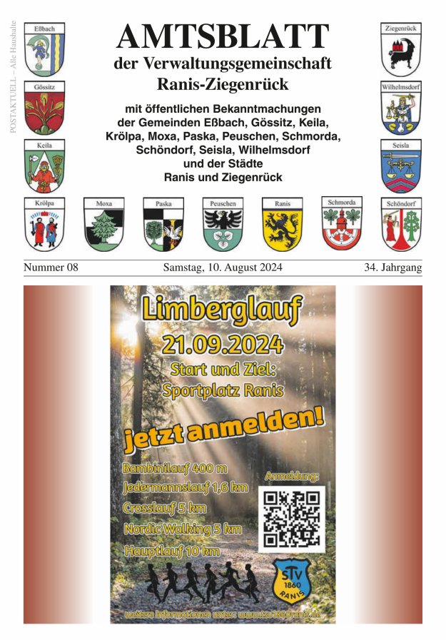 Amtsblatt der Verwaltungsgemeinschaft Ranis-Ziegenrück Titelblatt 08/2024