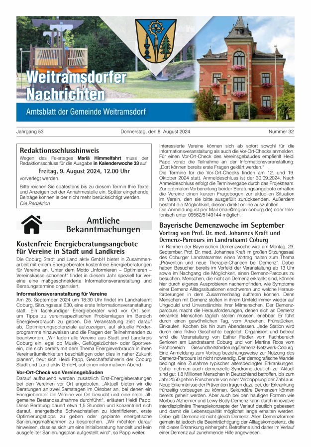 Weitramsdorfer Nachrichten Titelblatt 32/2024