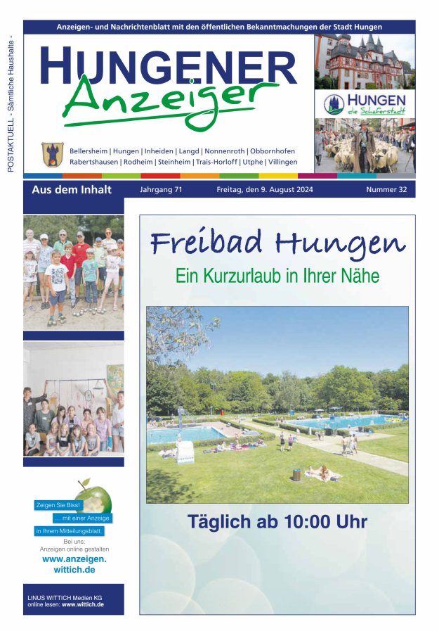 Anzeigen- und Nachrichtenblatt mit den öff  Bekanntmachungen der Stadt Hungen Titelblatt 32/2024