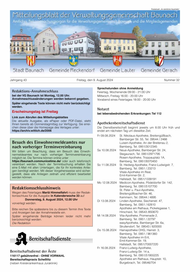 Mitteilungsblatt Verwaltungsgemeinschaft Baunach Titelblatt 32/2024