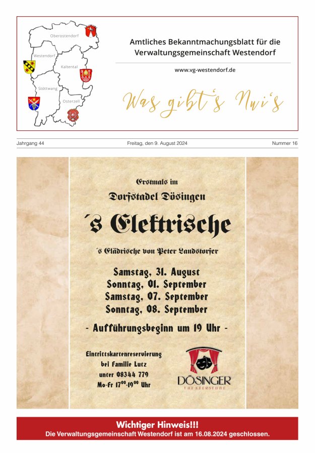 Was gibt's Nui's Amtliches Bekanntmachungsblatt für die VG Westendorf Titelblatt 16/2024