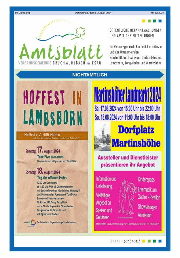 Amtsblatt der VG Bruchmühlbach-Miesau Titelblatt 32/2024